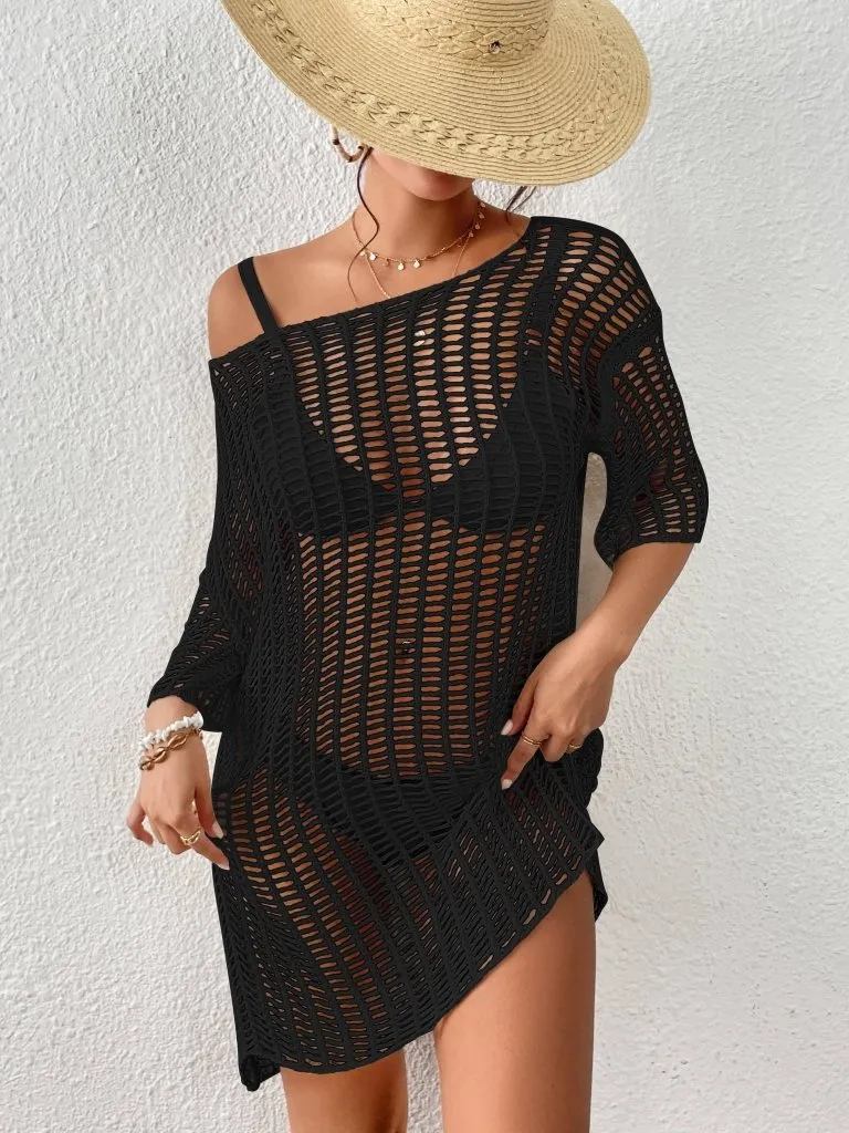 Hollow Out Mesh Crochet Romper Cover Up