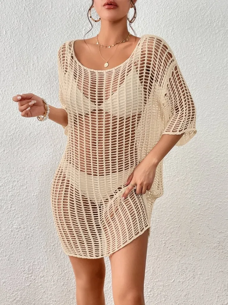 Hollow Out Mesh Crochet Romper Cover Up