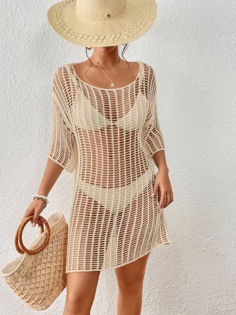 Hollow Out Mesh Crochet Romper Cover Up