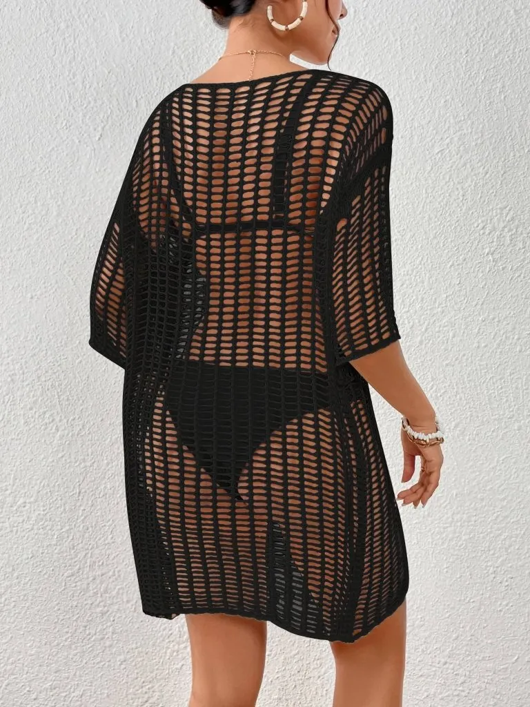 Hollow Out Mesh Crochet Romper Cover Up