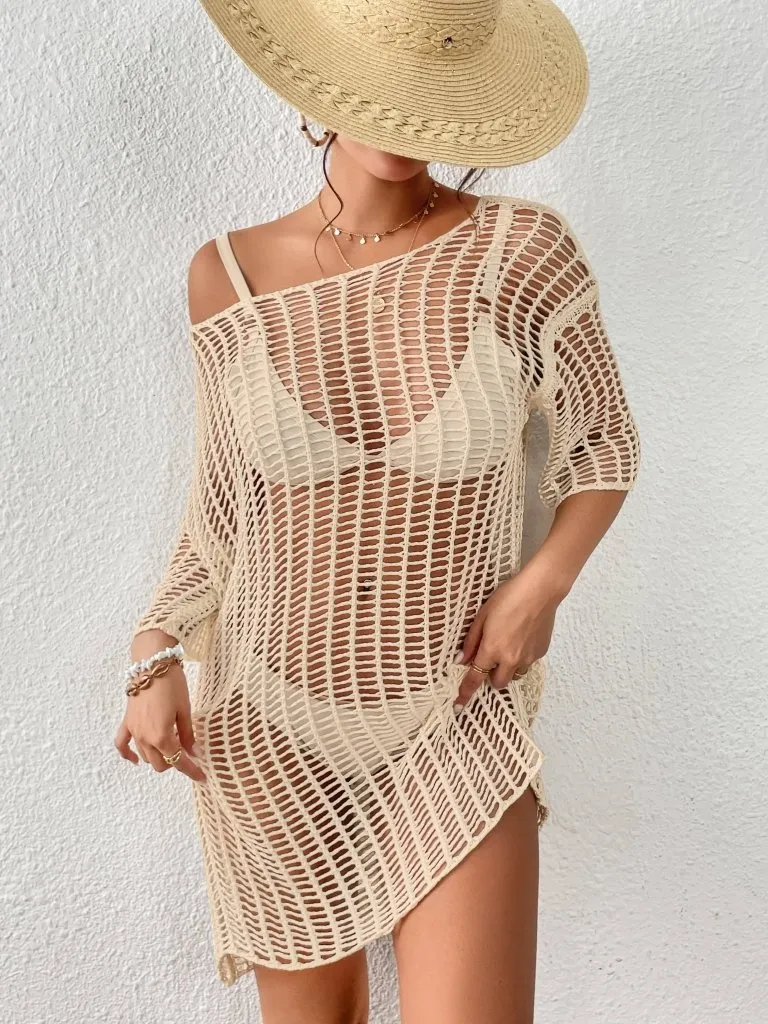 Hollow Out Mesh Crochet Romper Cover Up