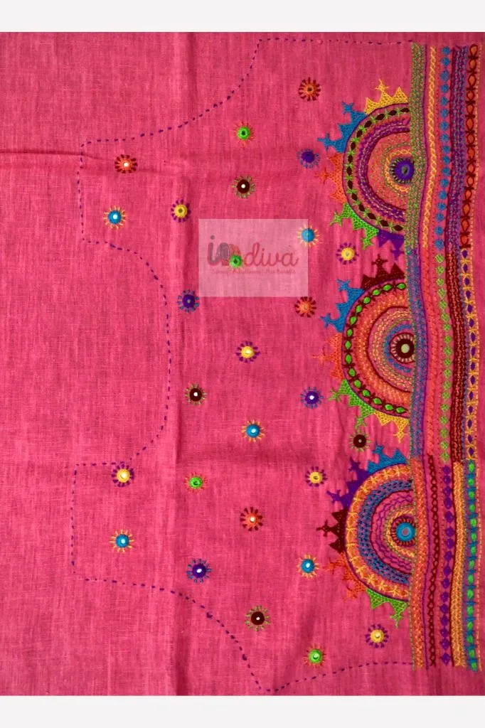 Indiva Pink Lambani Embroidered Khadi Blouse Fabric