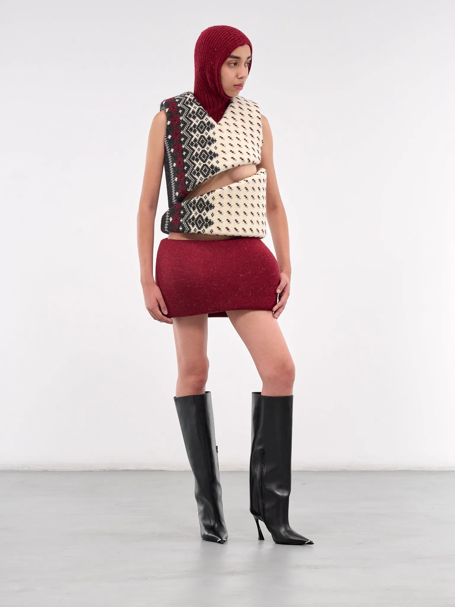 Knit Mini Skirt (SK02073-3021-BURGUNDY-RED)