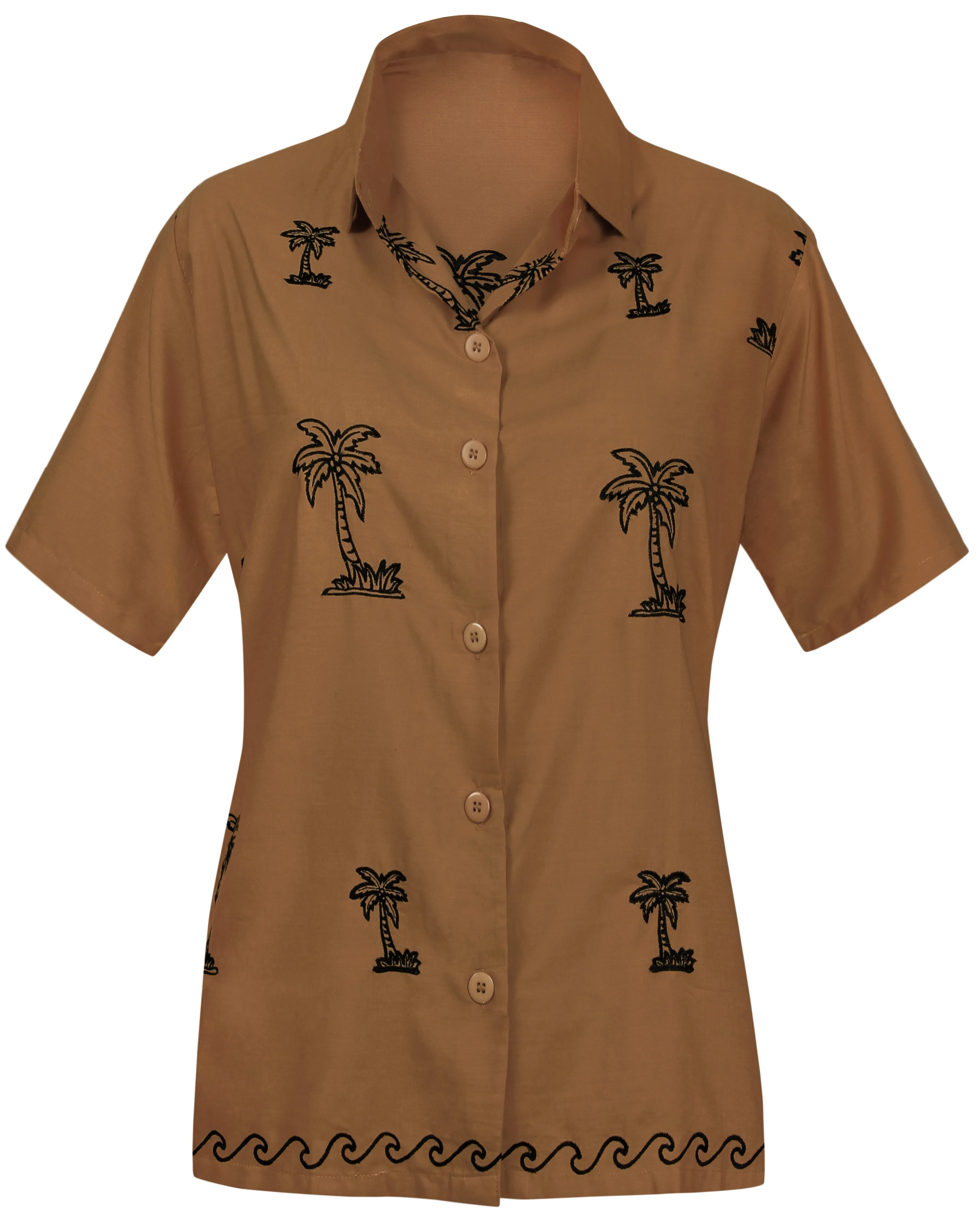 LA LEELA Women's Beach Casual Hawaiian Blouse Short Sleeve button Down Shirt Brown