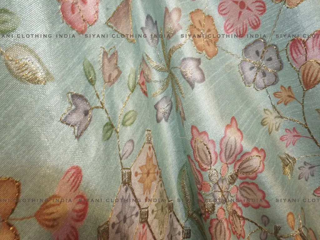 Light Blue Floral Pattern Embroidered Silk Fabric