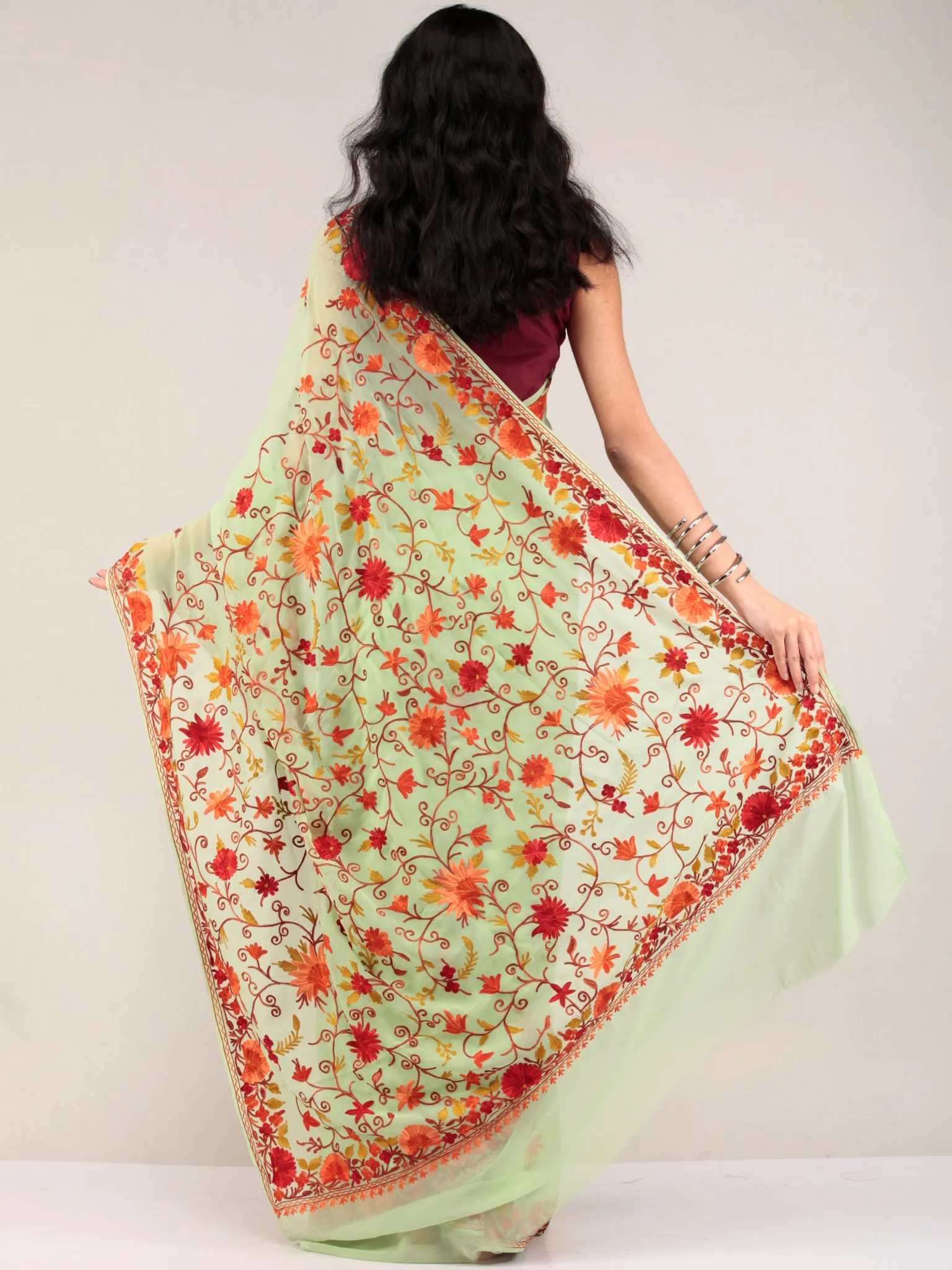 Light Green Aari Embroidered Georgette Saree From Kashmir - S031704630