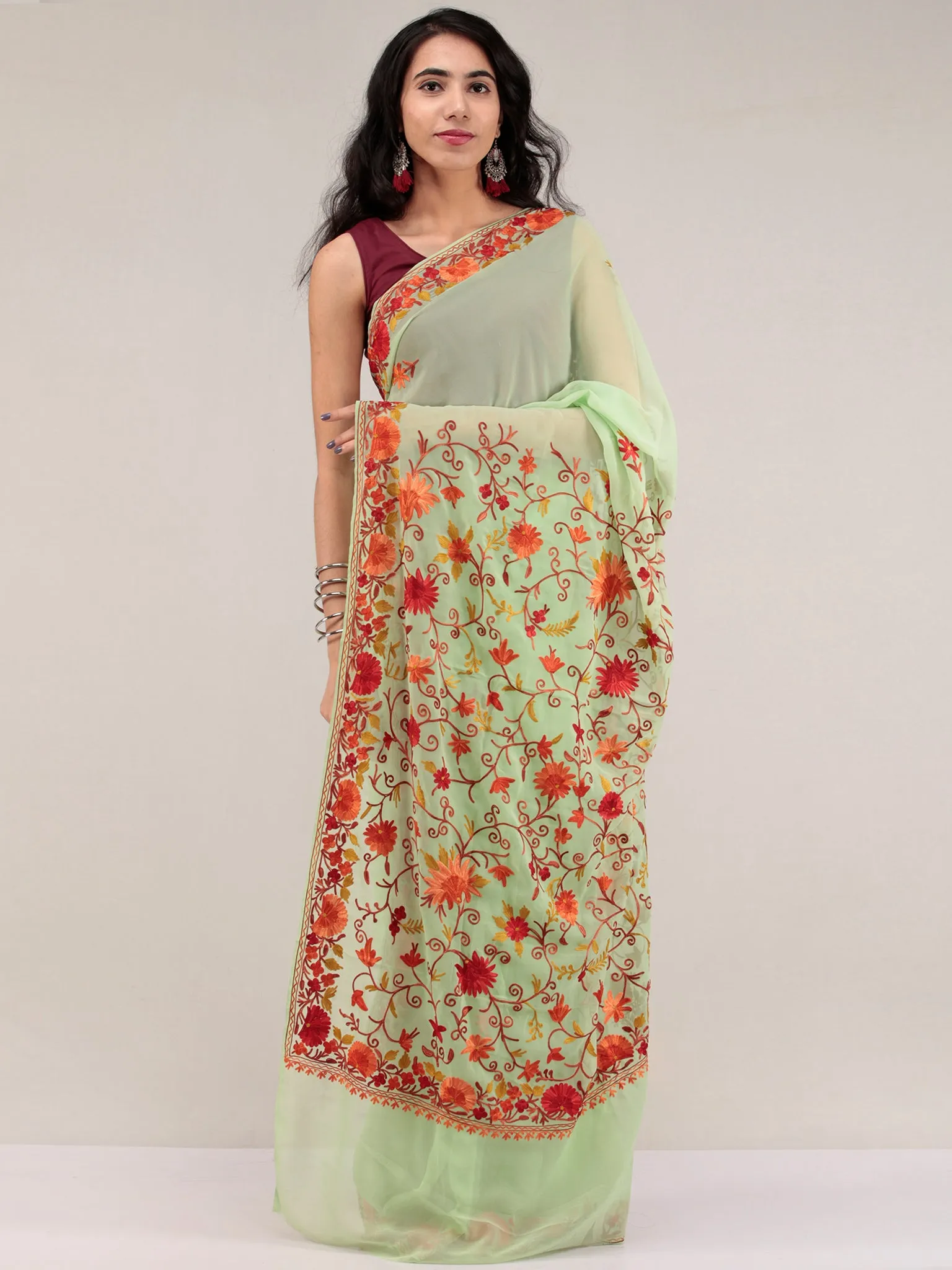 Light Green Aari Embroidered Georgette Saree From Kashmir - S031704630