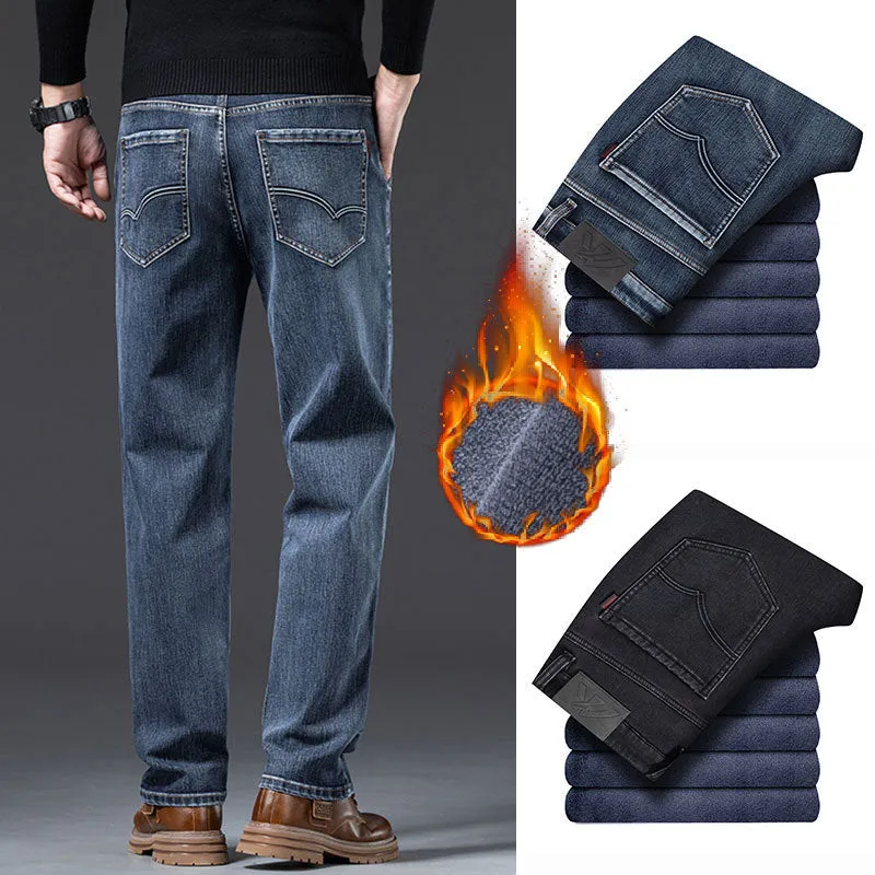 Men's Loose Fleece-Lined Straight-Leg Jeans