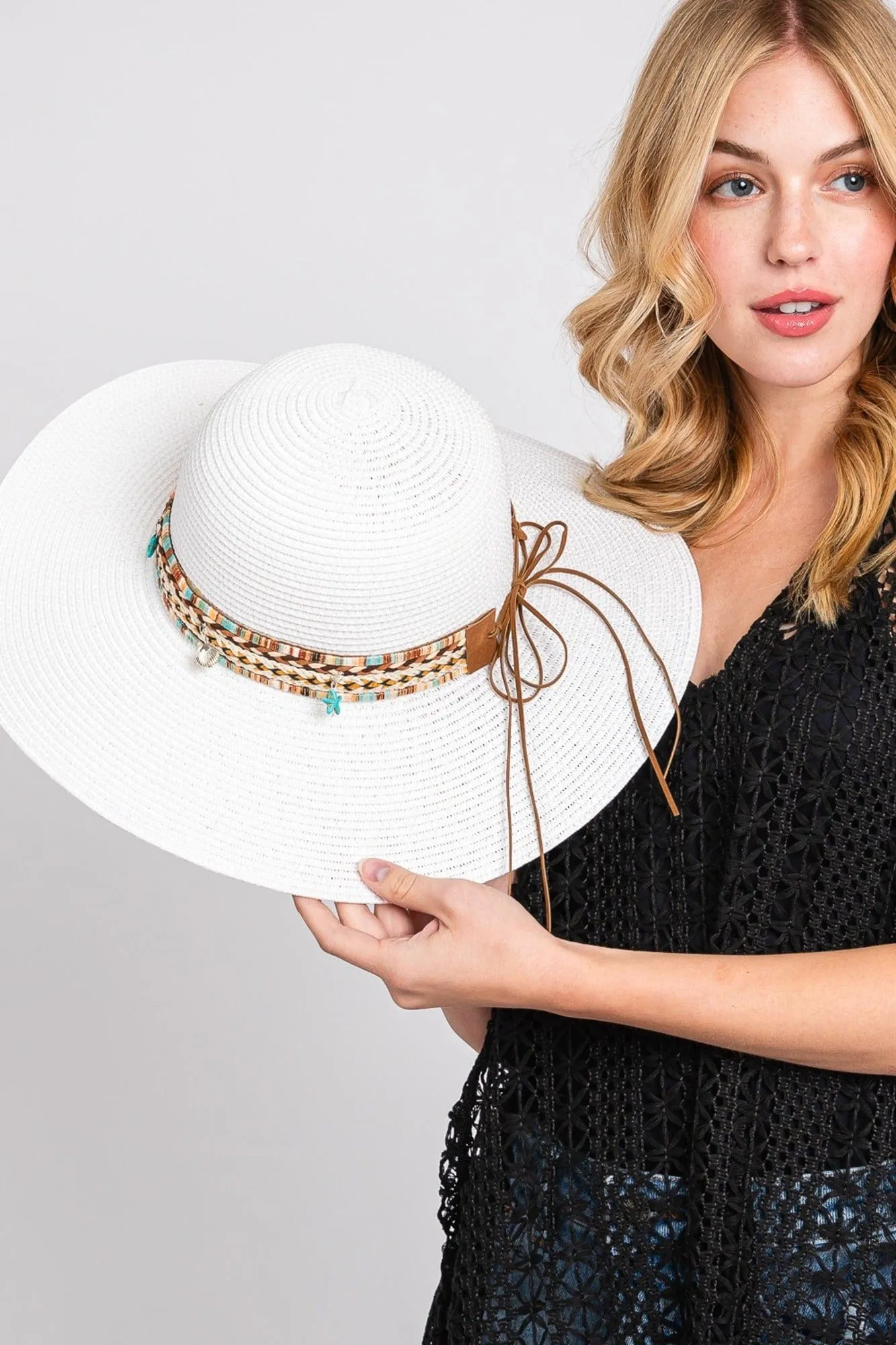 MH0161 Jayda Floppy Straw Hat With Boho/Sealife Band