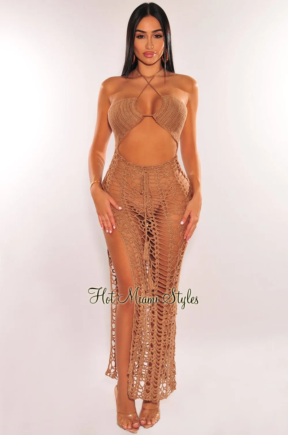 Mocha Crochet Cut Out Criss Cross Halter Open Back Cover Up Dress