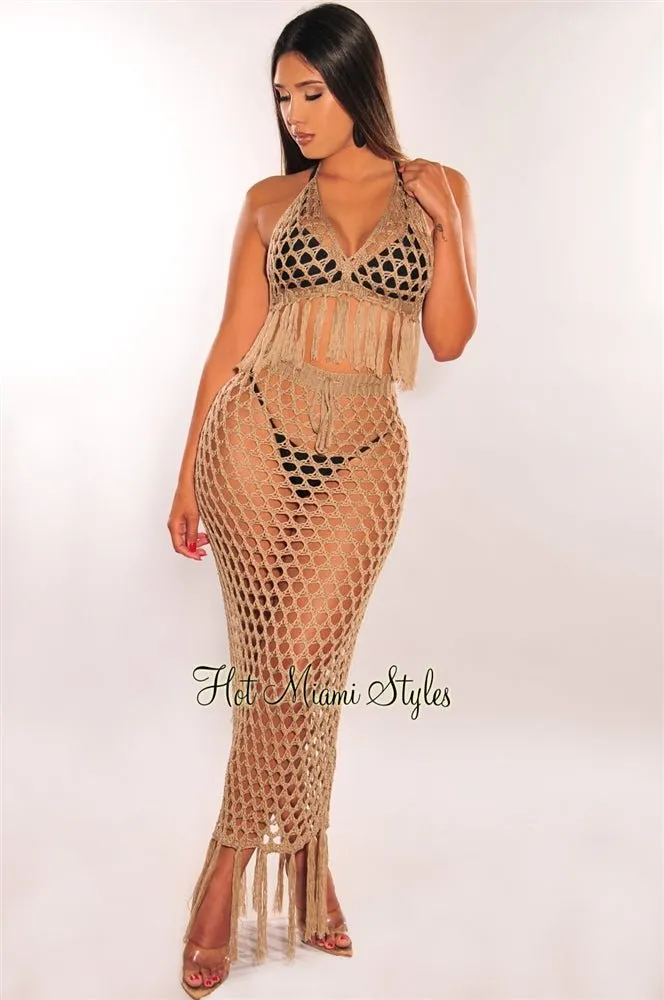 Mocha Crochet Halter Fringe Skirt Two Piece Set Cover Up