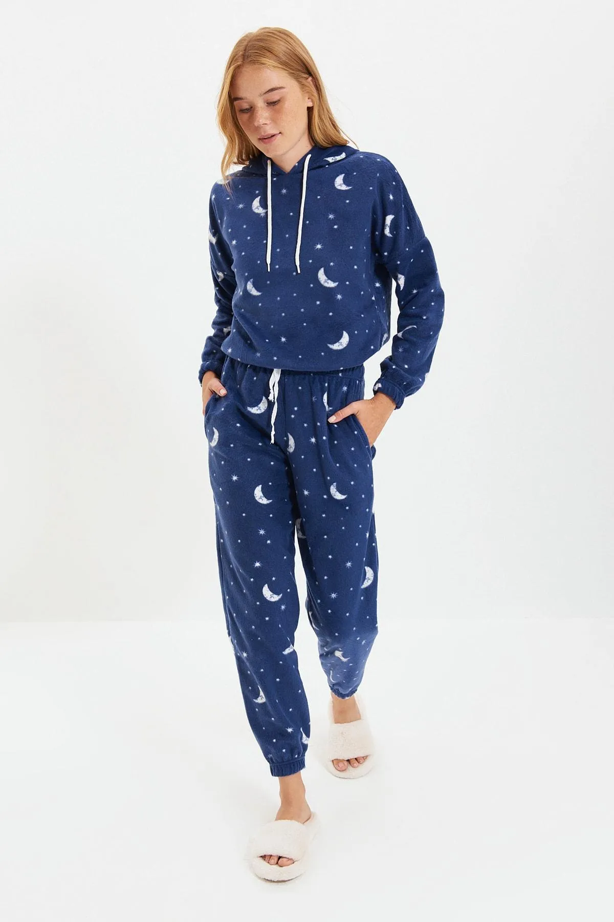 Navy Blue Hooded Fleece Knitted Pajamas Set THMAW22PT0365