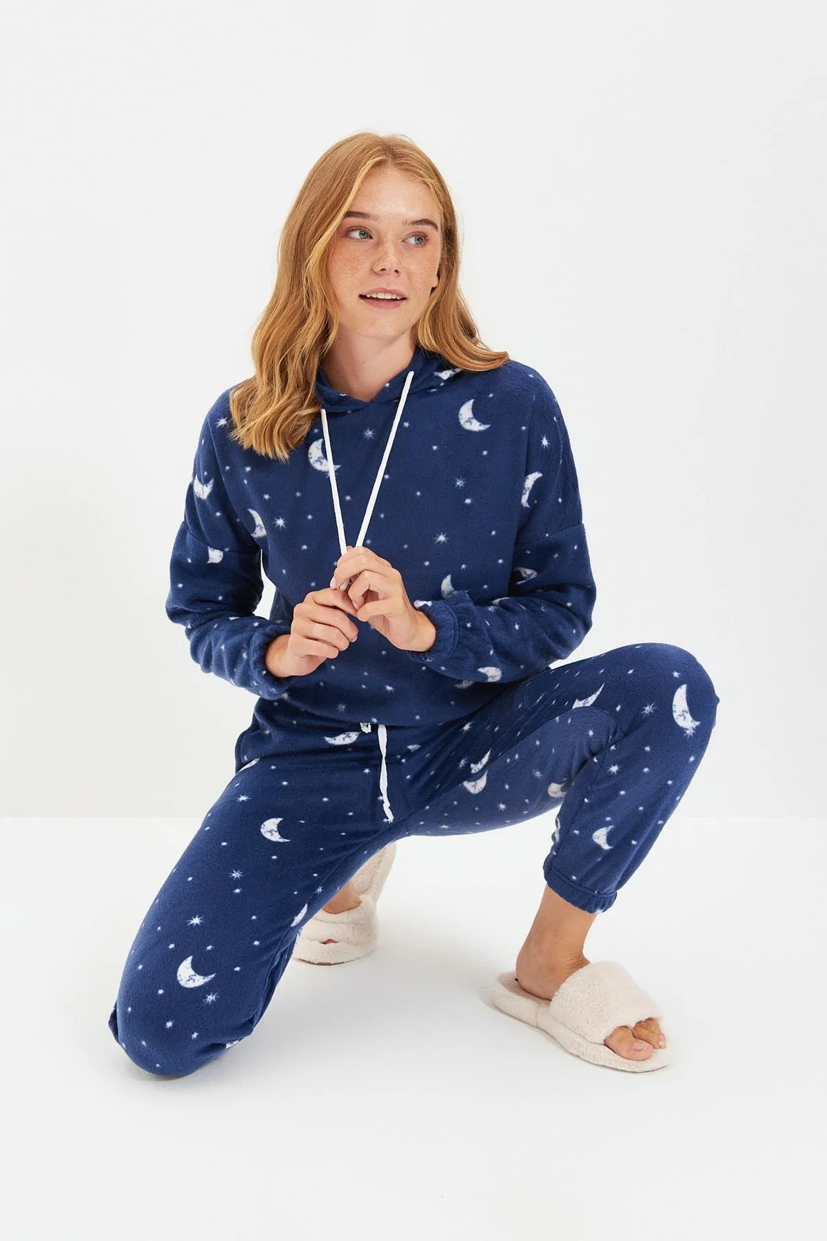 Navy Blue Hooded Fleece Knitted Pajamas Set THMAW22PT0365