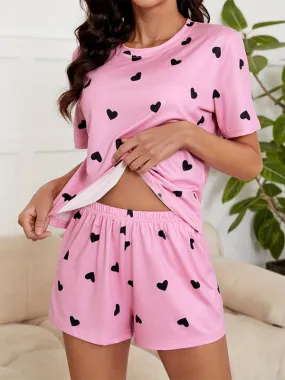 New style heart print knitted fashionable soft short sleeve shorts pajamas set