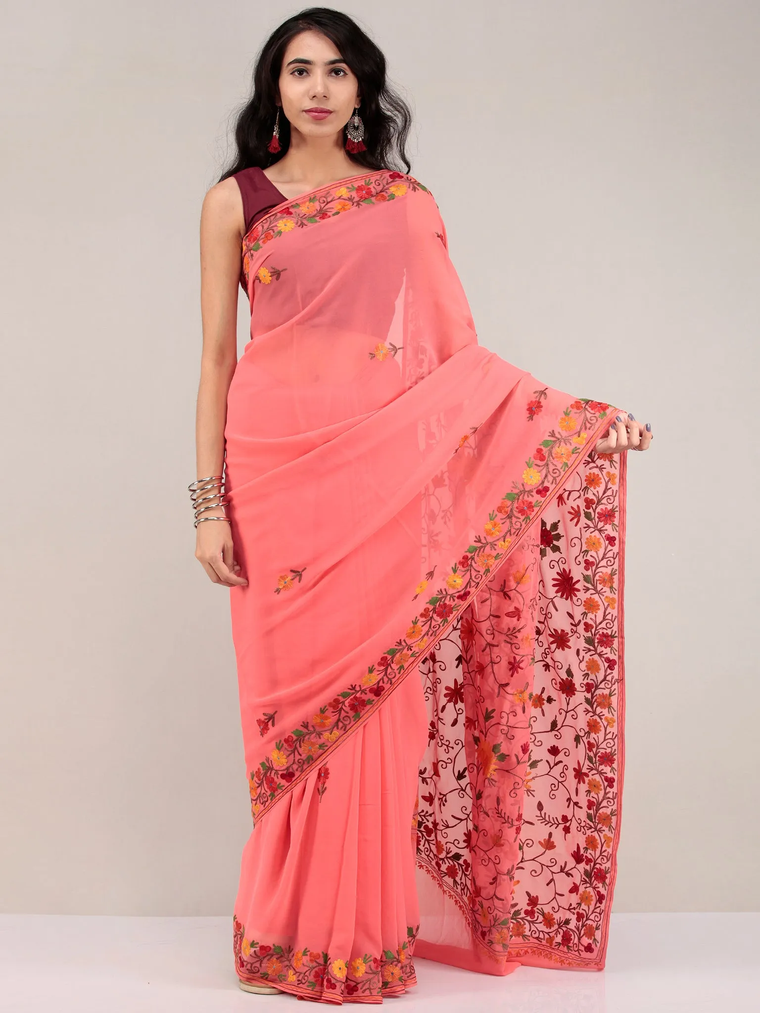 Peach Pink Aari Embroidered Georgette Saree From Kashmir - S031704625