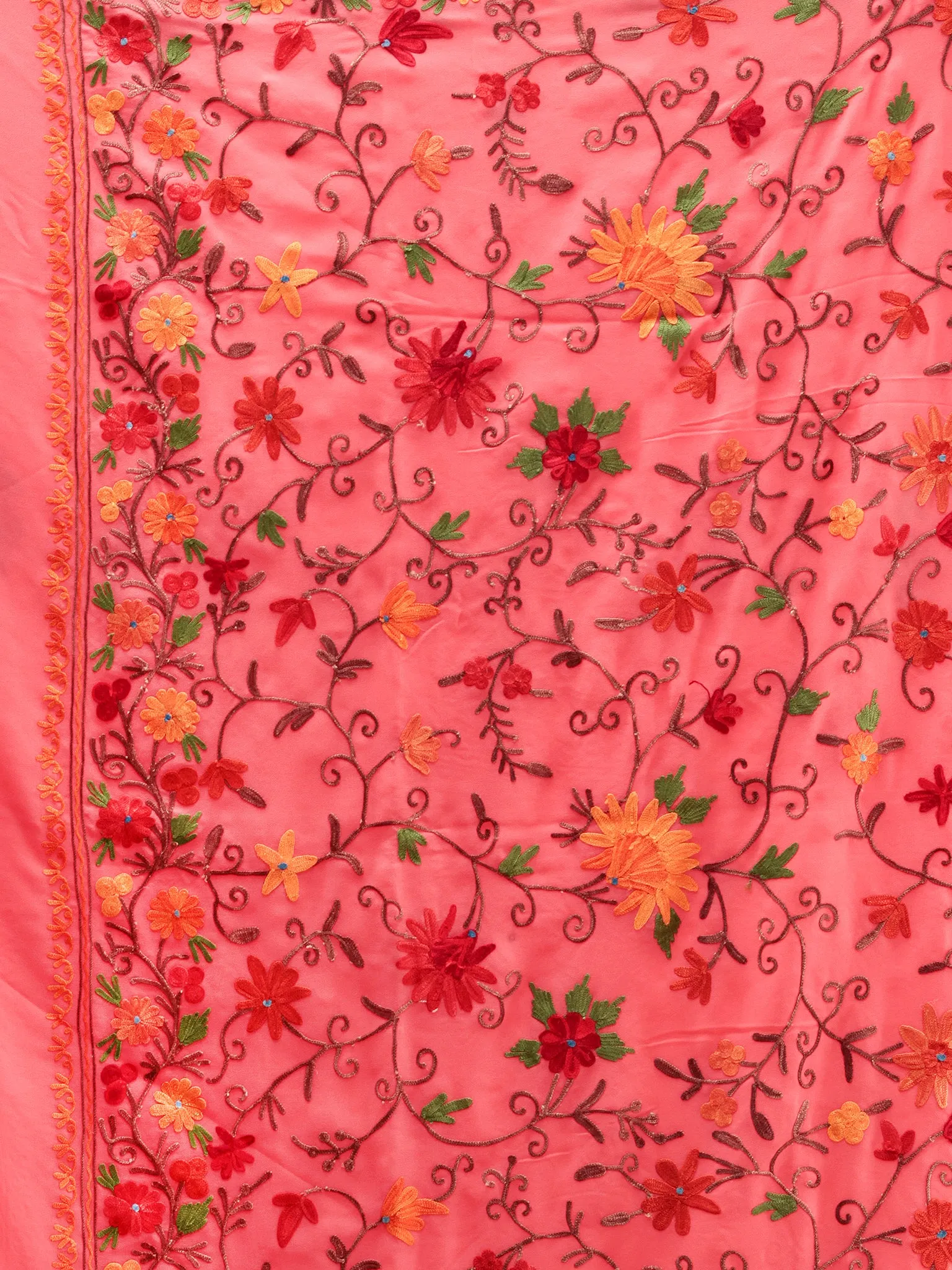 Peach Pink Aari Embroidered Georgette Saree From Kashmir - S031704625