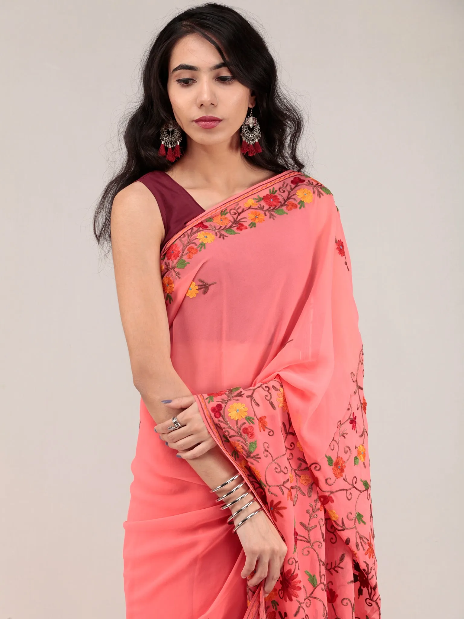 Peach Pink Aari Embroidered Georgette Saree From Kashmir - S031704625