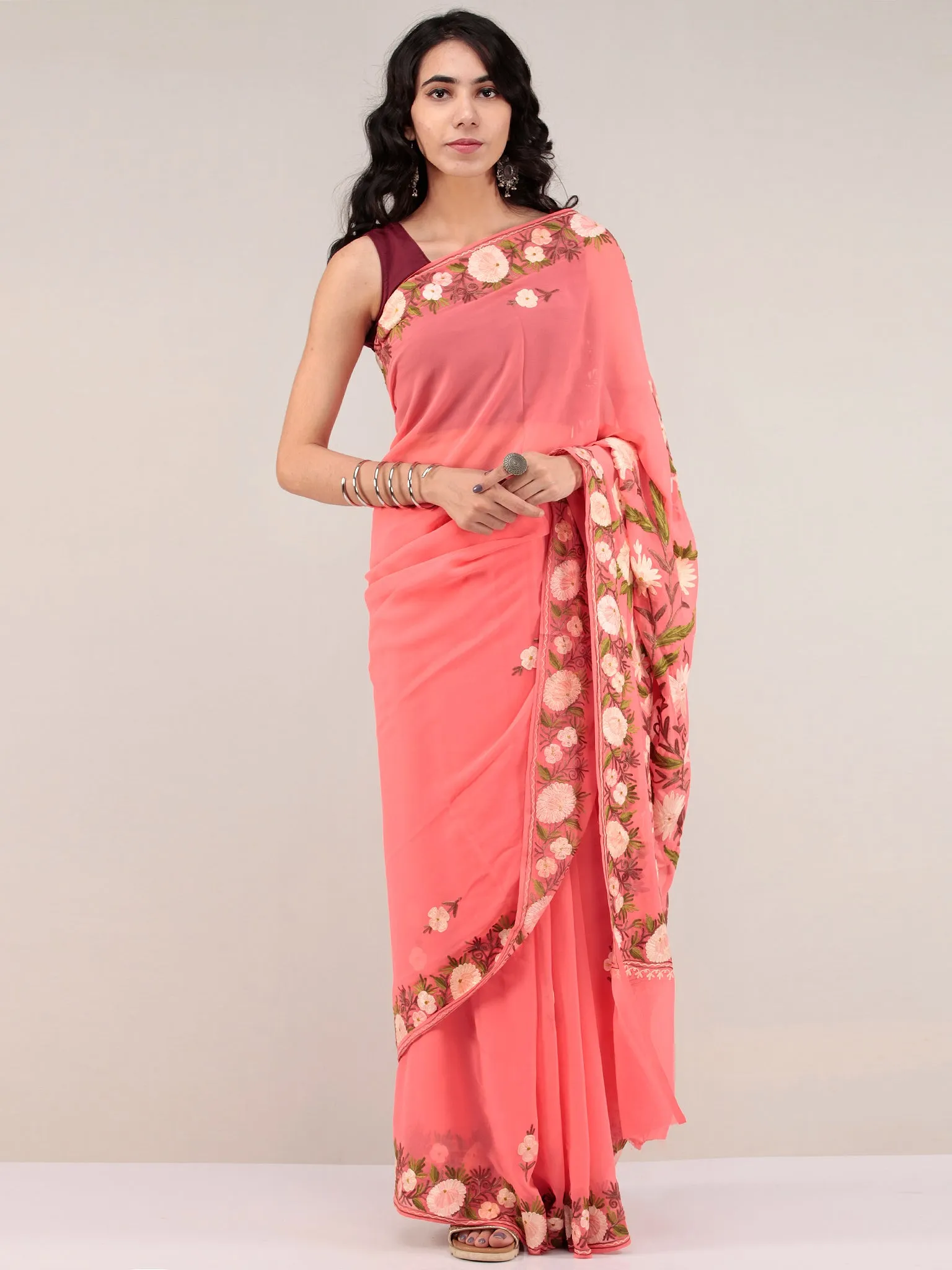 Peach Pink Aari Embroidered Georgette Saree From Kashmir - S031704670