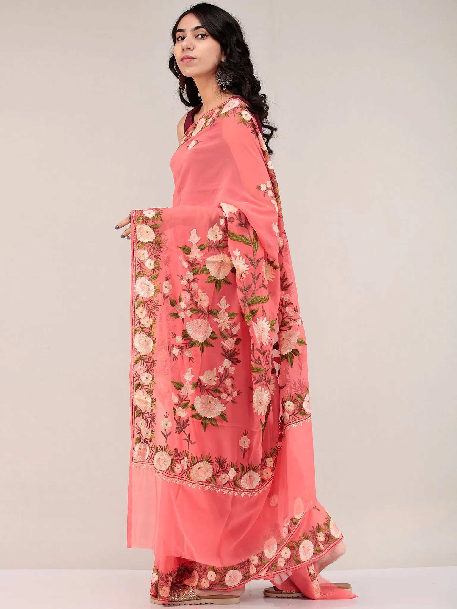 Peach Pink Aari Embroidered Georgette Saree From Kashmir - S031704670