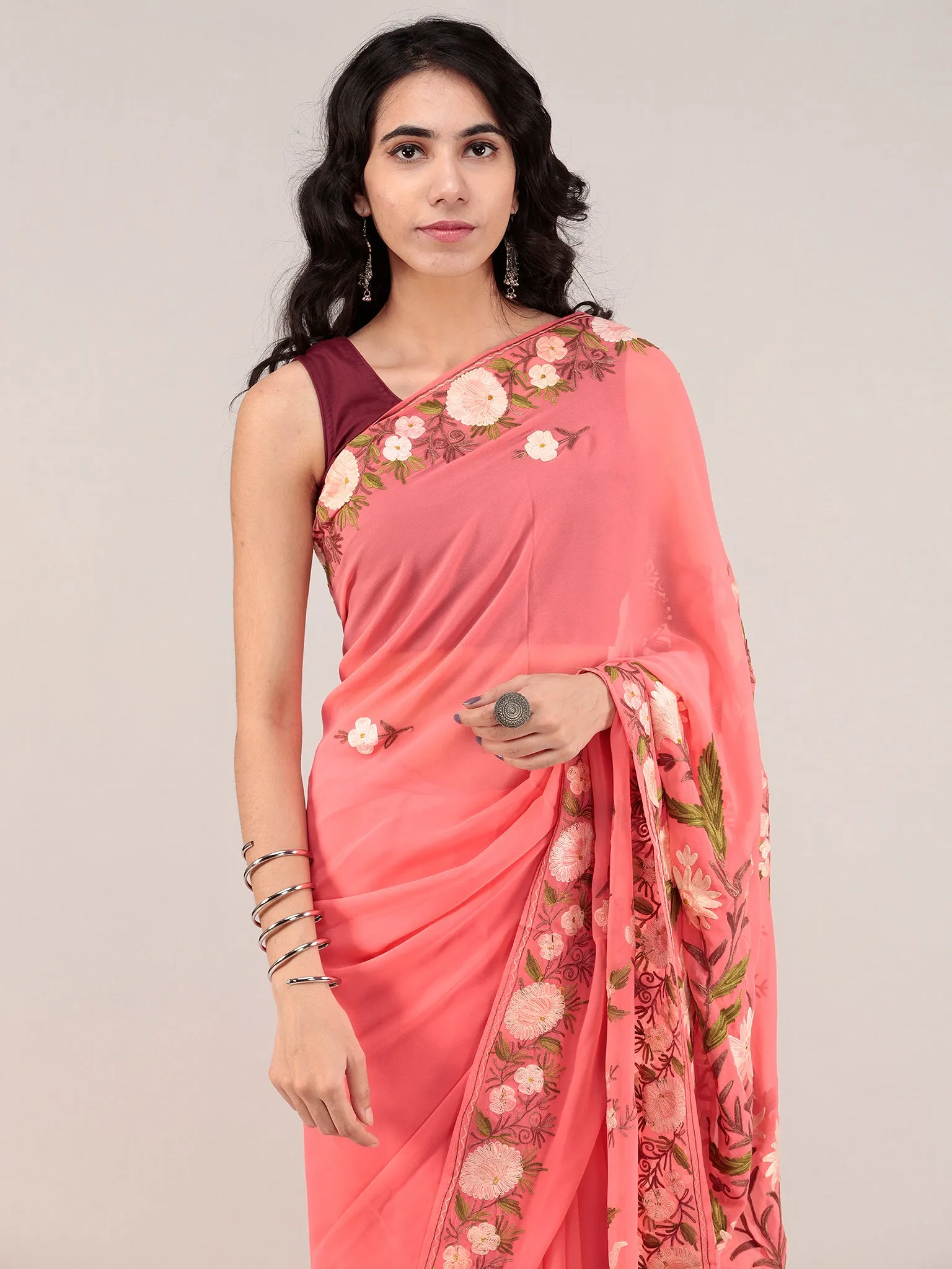 Peach Pink Aari Embroidered Georgette Saree From Kashmir - S031704670