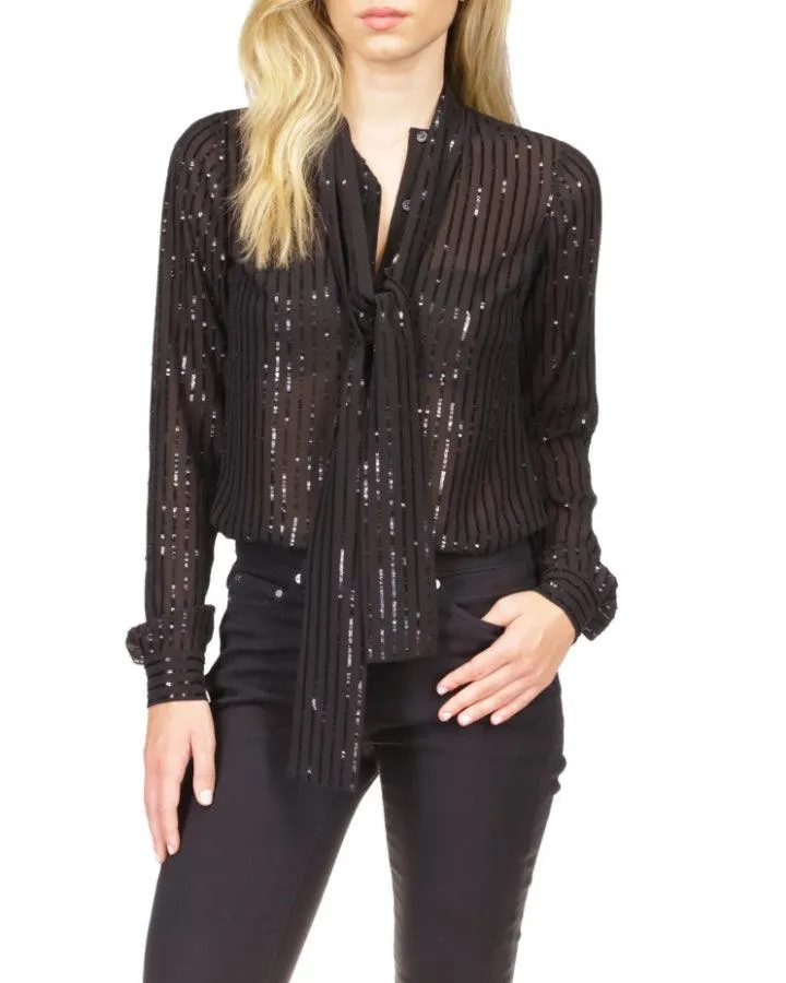 Pinstripe Sequined Georgette Tie Blouse