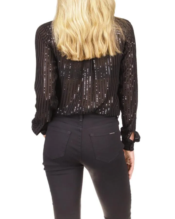 Pinstripe Sequined Georgette Tie Blouse