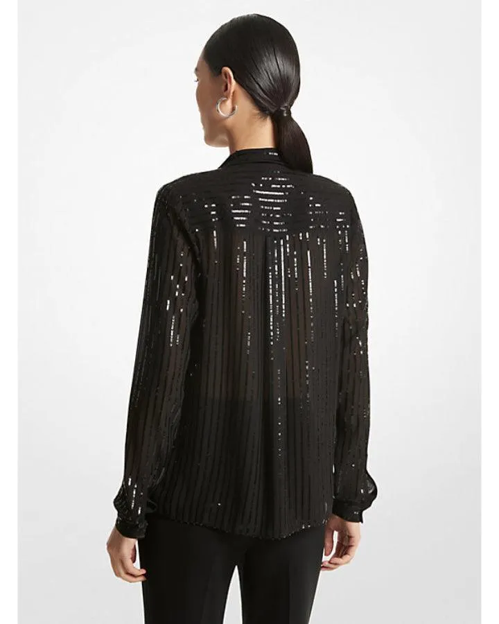 Pinstripe Sequined Georgette Tie Blouse