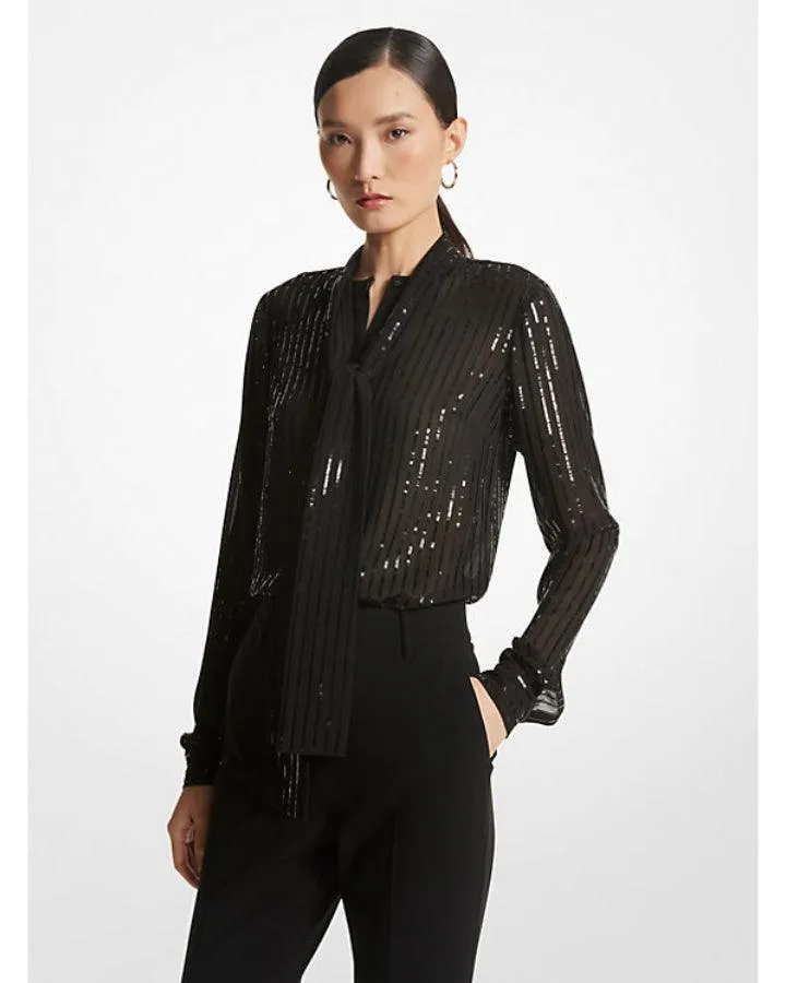 Pinstripe Sequined Georgette Tie Blouse