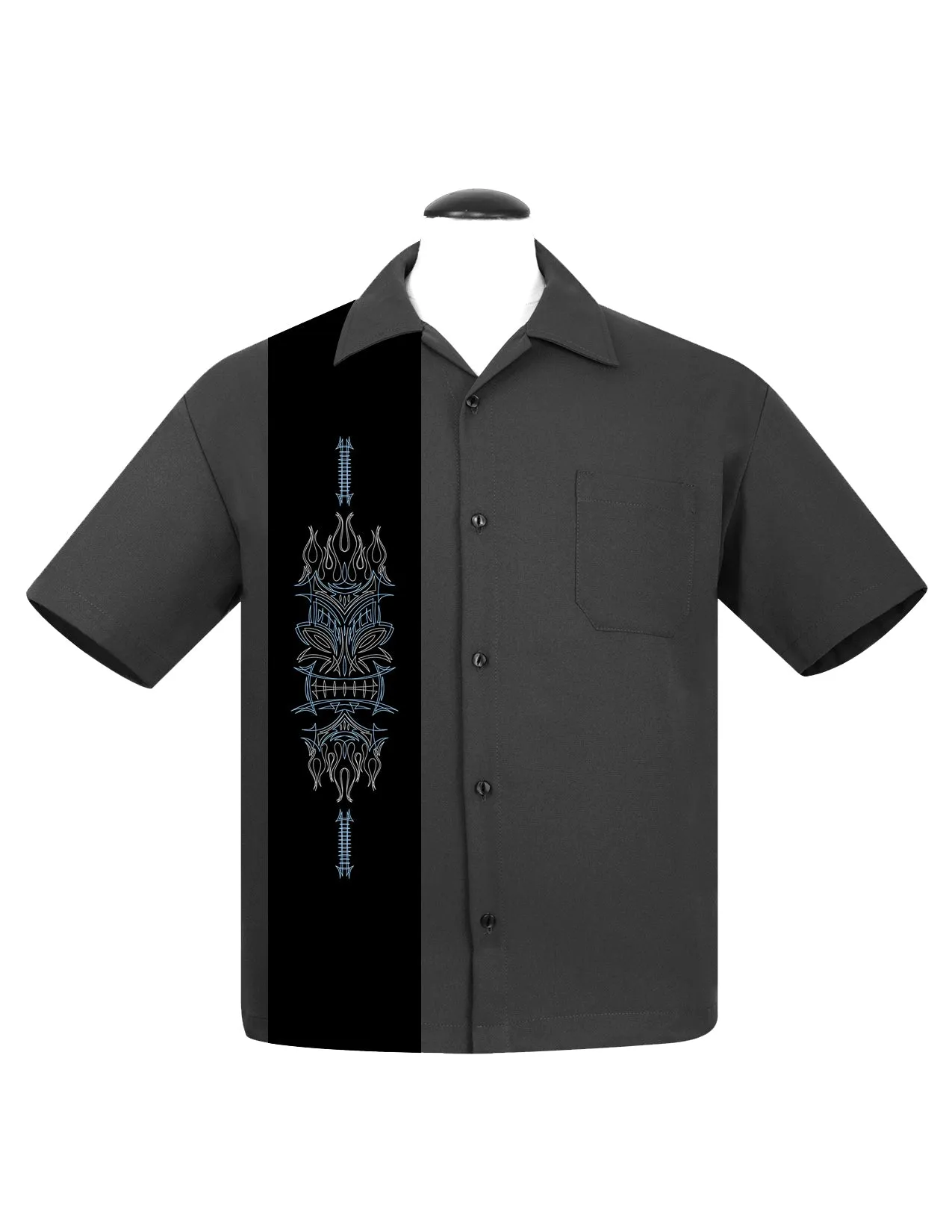 Pinstripe Tiki Panel Bowling Shirt in Charcoal