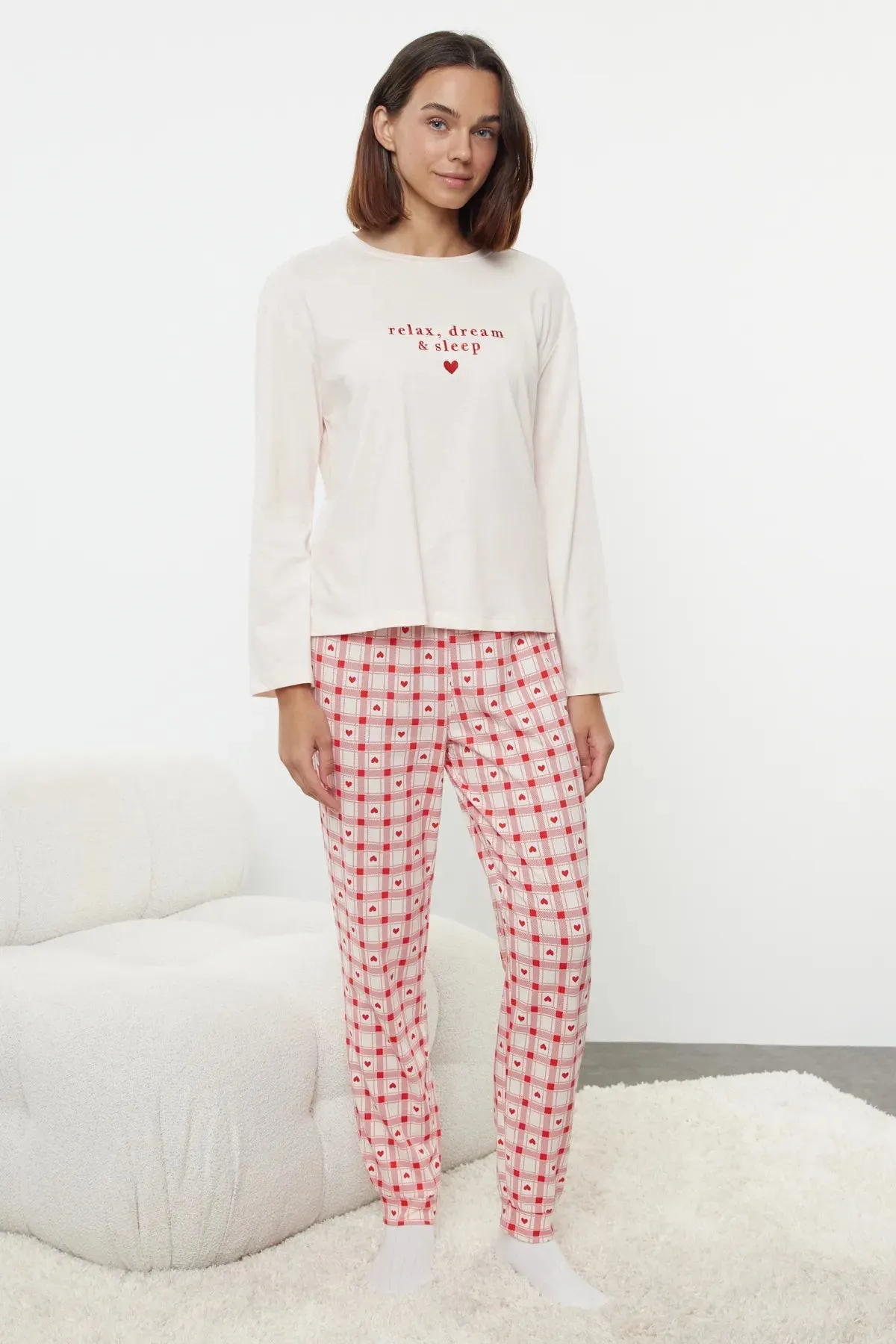 Powder 100% Cotton Slogan Embroidered Heart Plaid Knitted Pajama Set