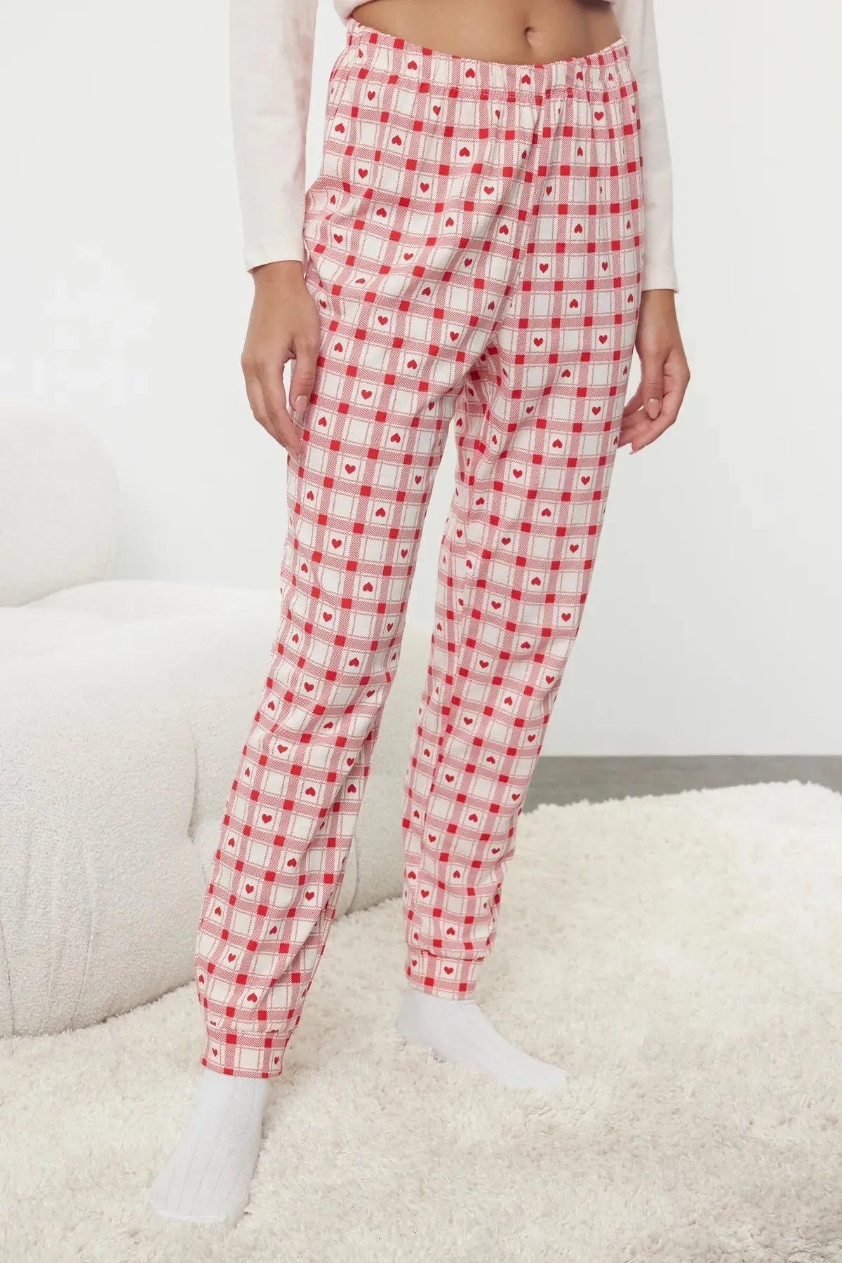 Powder 100% Cotton Slogan Embroidered Heart Plaid Knitted Pajama Set