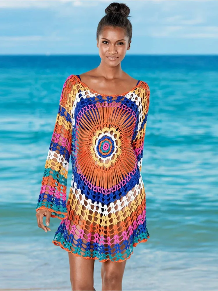 Rainbow Crochet Top Handmade Knit Long Sleeve Beach Dress Cover Ups