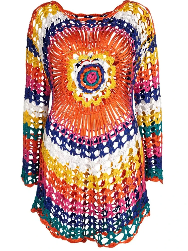 Rainbow Crochet Top Handmade Knit Long Sleeve Beach Dress Cover Ups