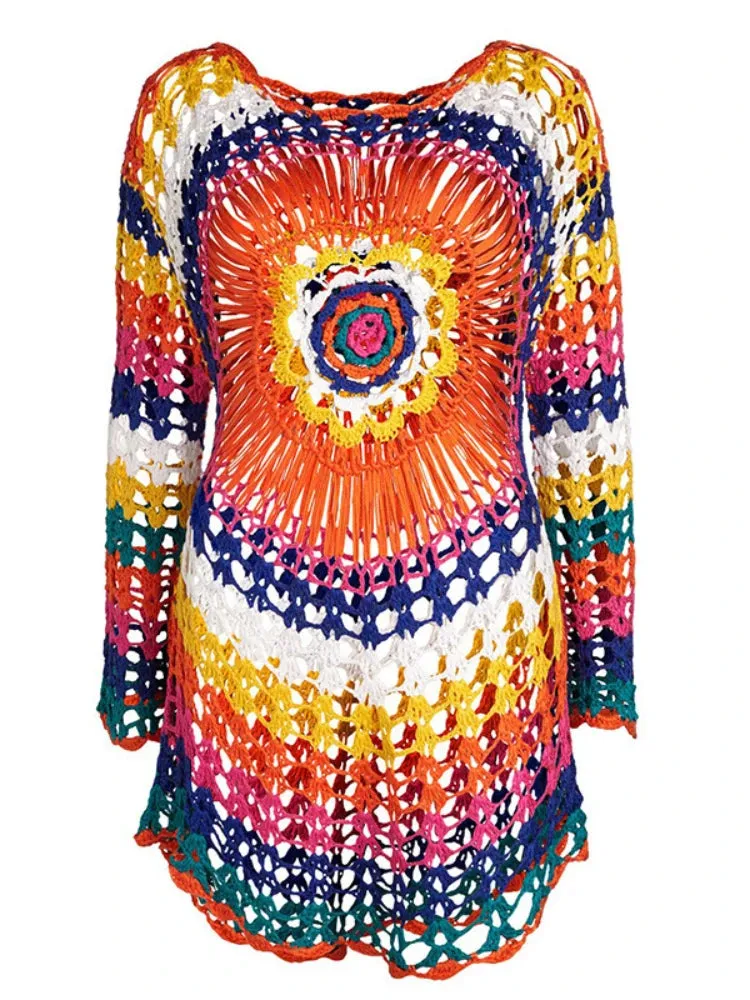 Rainbow Crochet Top Handmade Knit Long Sleeve Beach Dress Cover Ups