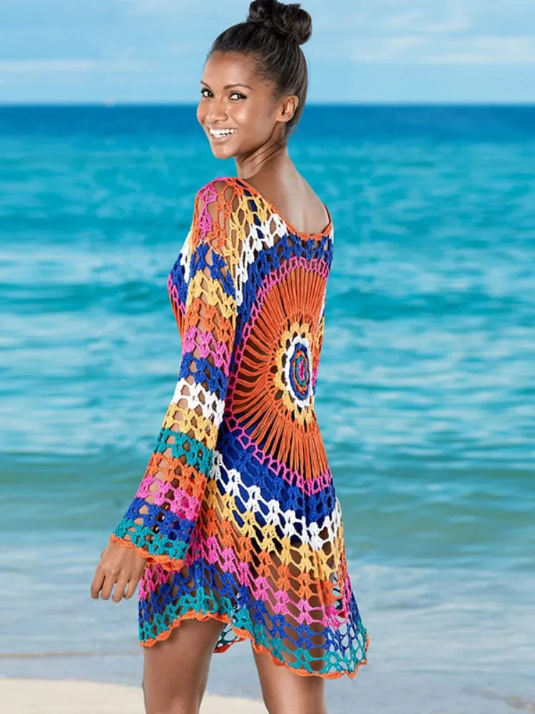 Rainbow Crochet Top Handmade Knit Long Sleeve Beach Dress Cover Ups