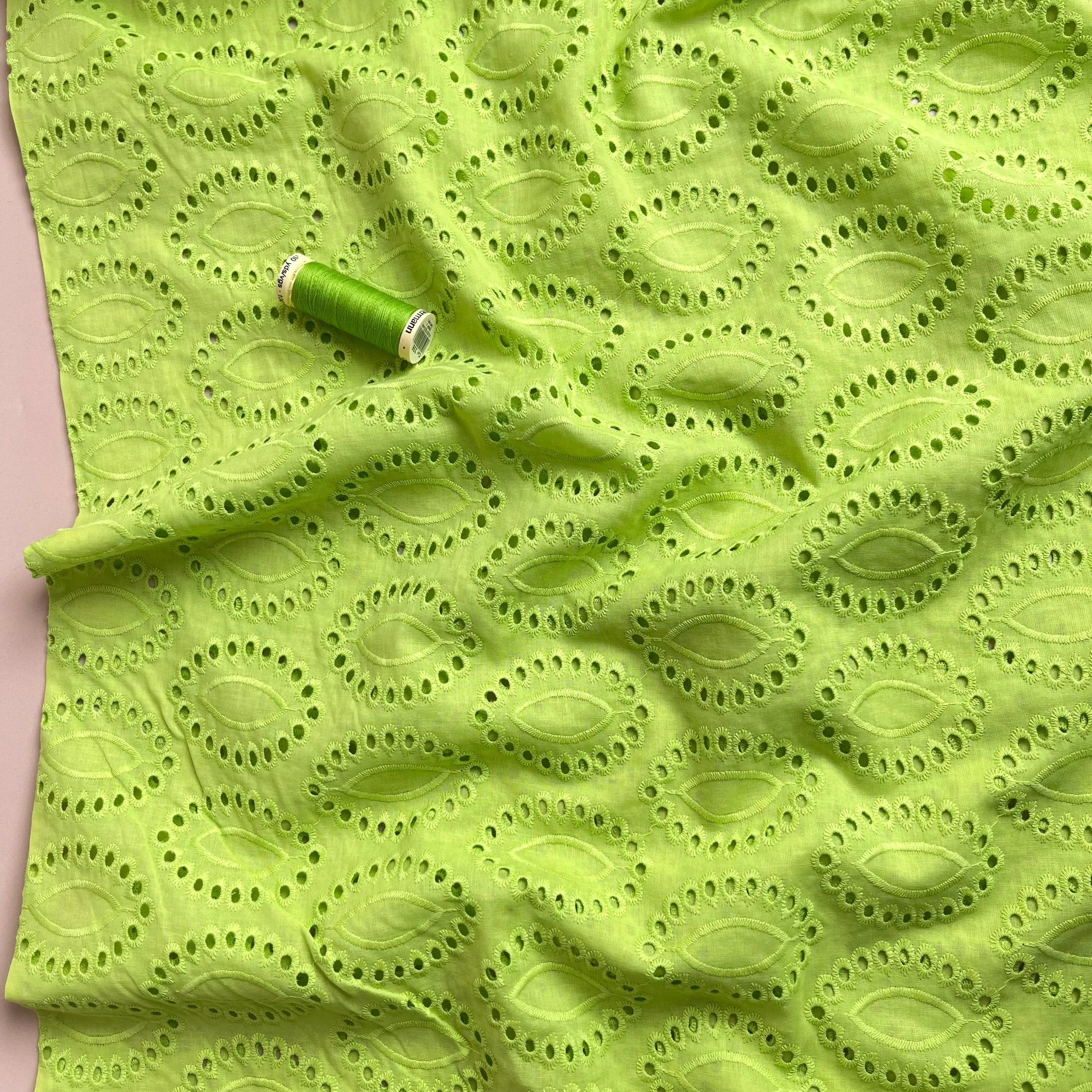 REMNANT 1 Metre (with dirty mark in one place - should wash out ) Sweet Lime Green Cotton Broderie Anglaise Fabric