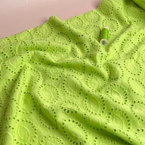 REMNANT 1 Metre (with dirty mark in one place - should wash out ) Sweet Lime Green Cotton Broderie Anglaise Fabric