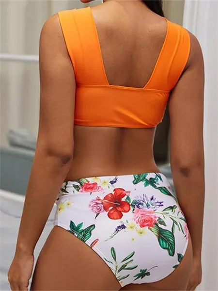 Retro Knot Print High Waist Bottom Bikini