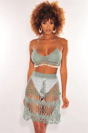 Sage Crochet Halter Cowrie Shells Skirt Two Piece Set Cover Up