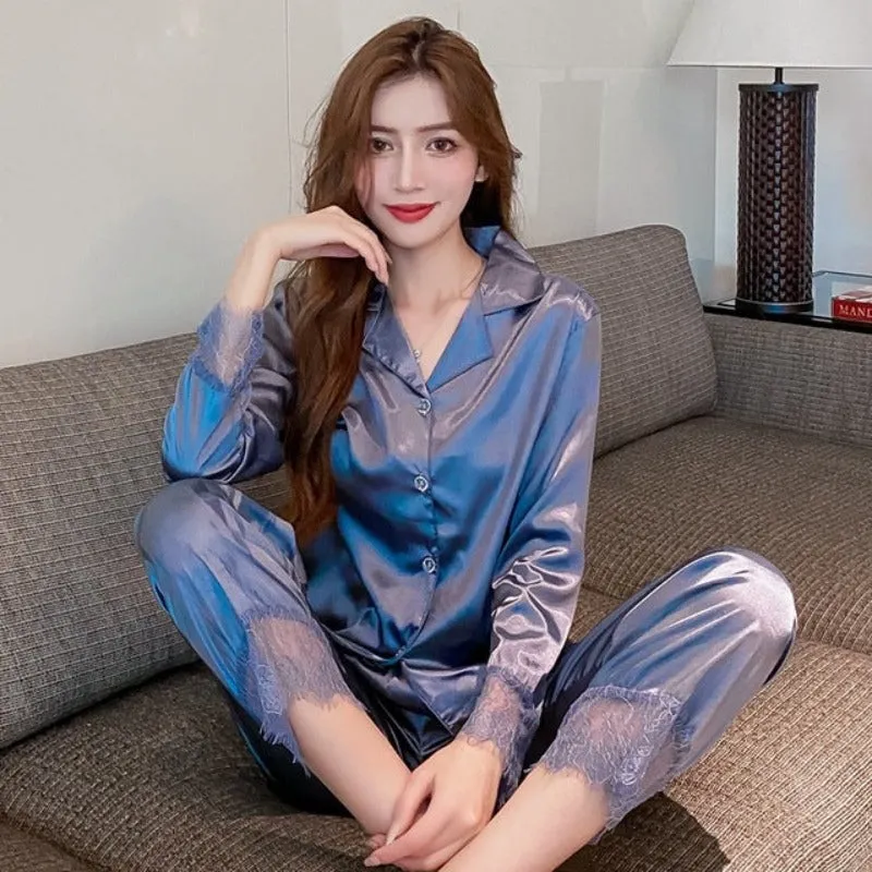 The Long Satin Silk Lace Pajama Set