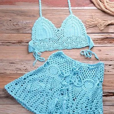 Two Piece Crochet Womens Bikini Set Cover Up Beachwear