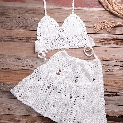 Two Piece Crochet Womens Bikini Set Cover Up Beachwear