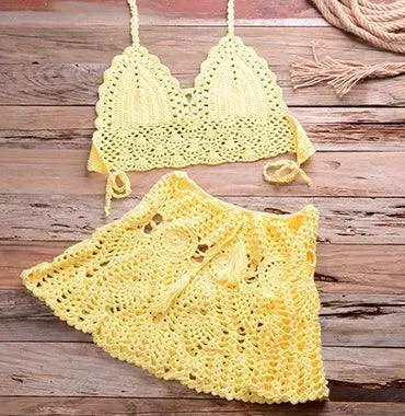 Two Piece Crochet Womens Bikini Set Cover Up Beachwear