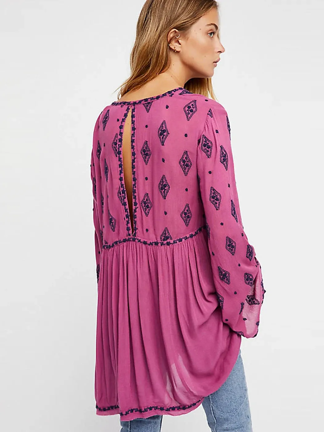 V-Neck Long Sleeve Diamond Embroidered Casual Beach Blouses