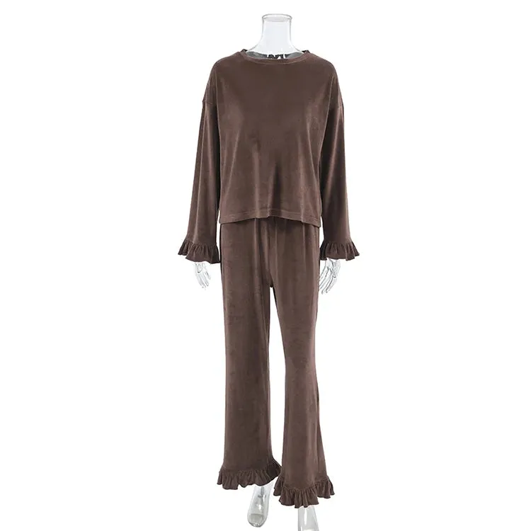 Velour Loungewear Frilled Pajama Set 2 Piece Velvet Pants & Top