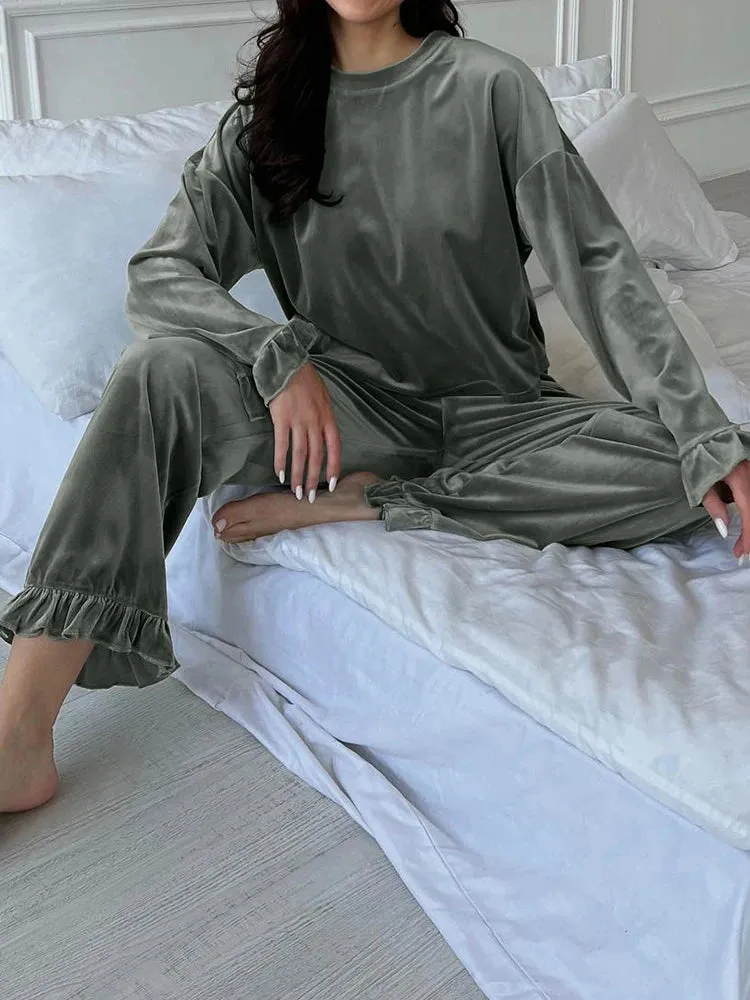 Velour Loungewear Frilled Pajama Set 2 Piece Velvet Pants & Top