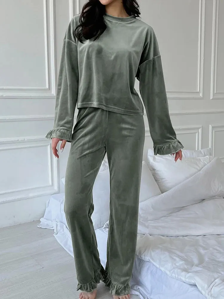 Velour Loungewear Frilled Pajama Set 2 Piece Velvet Pants & Top