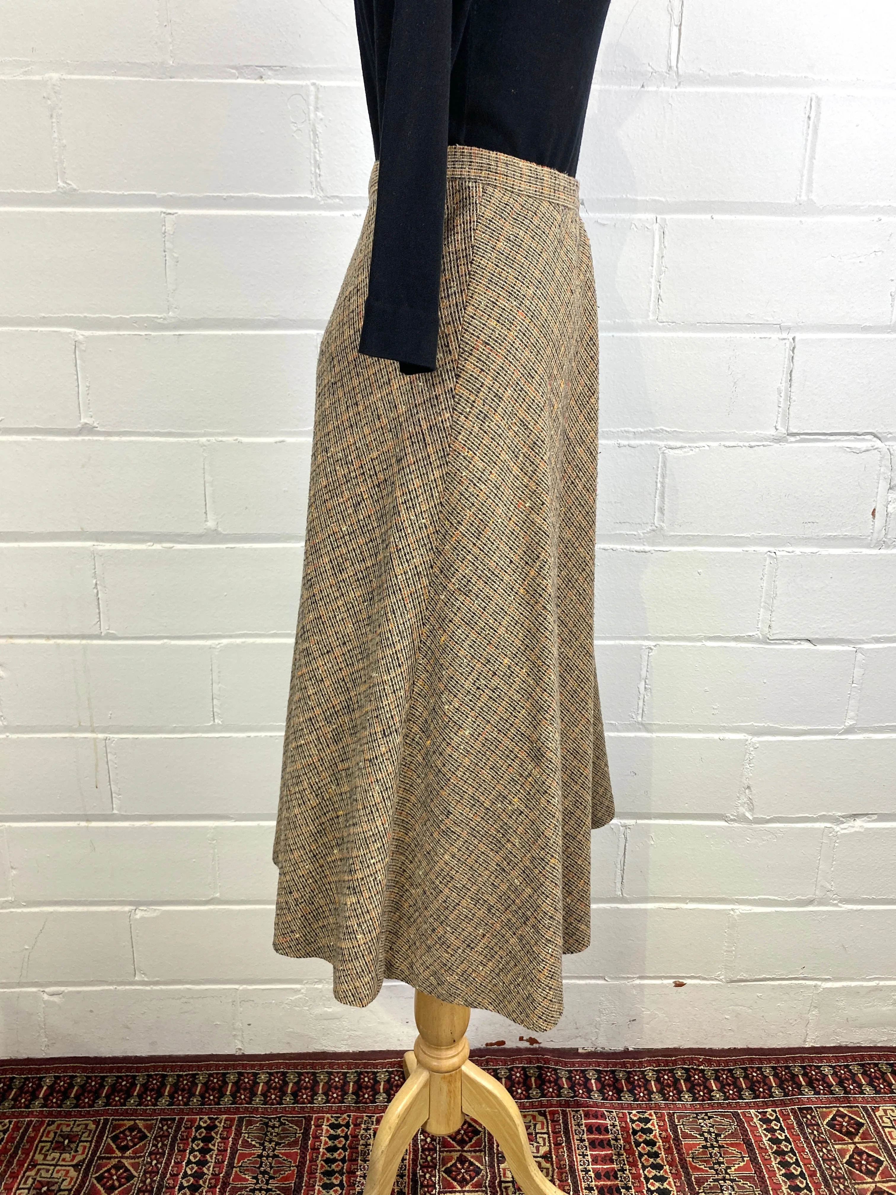 Vintage 1970s Brown/ Orange Blended Wool Midi Skirt, Large