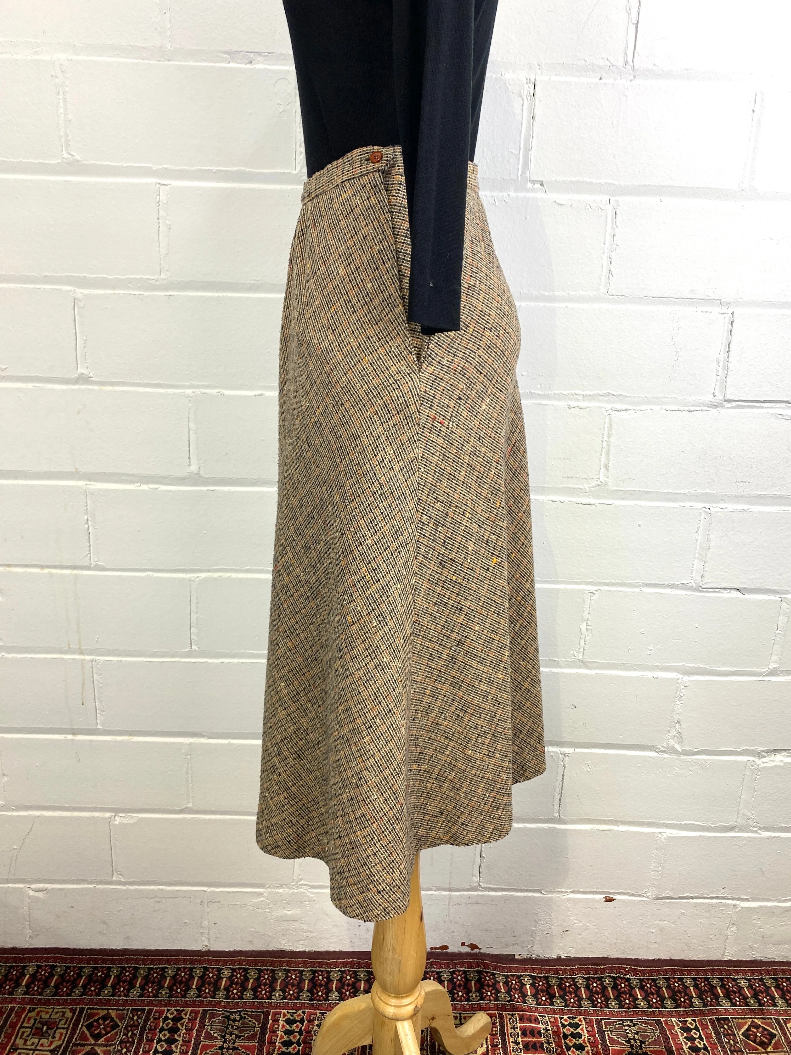 Vintage 1970s Brown/ Orange Blended Wool Midi Skirt, Large