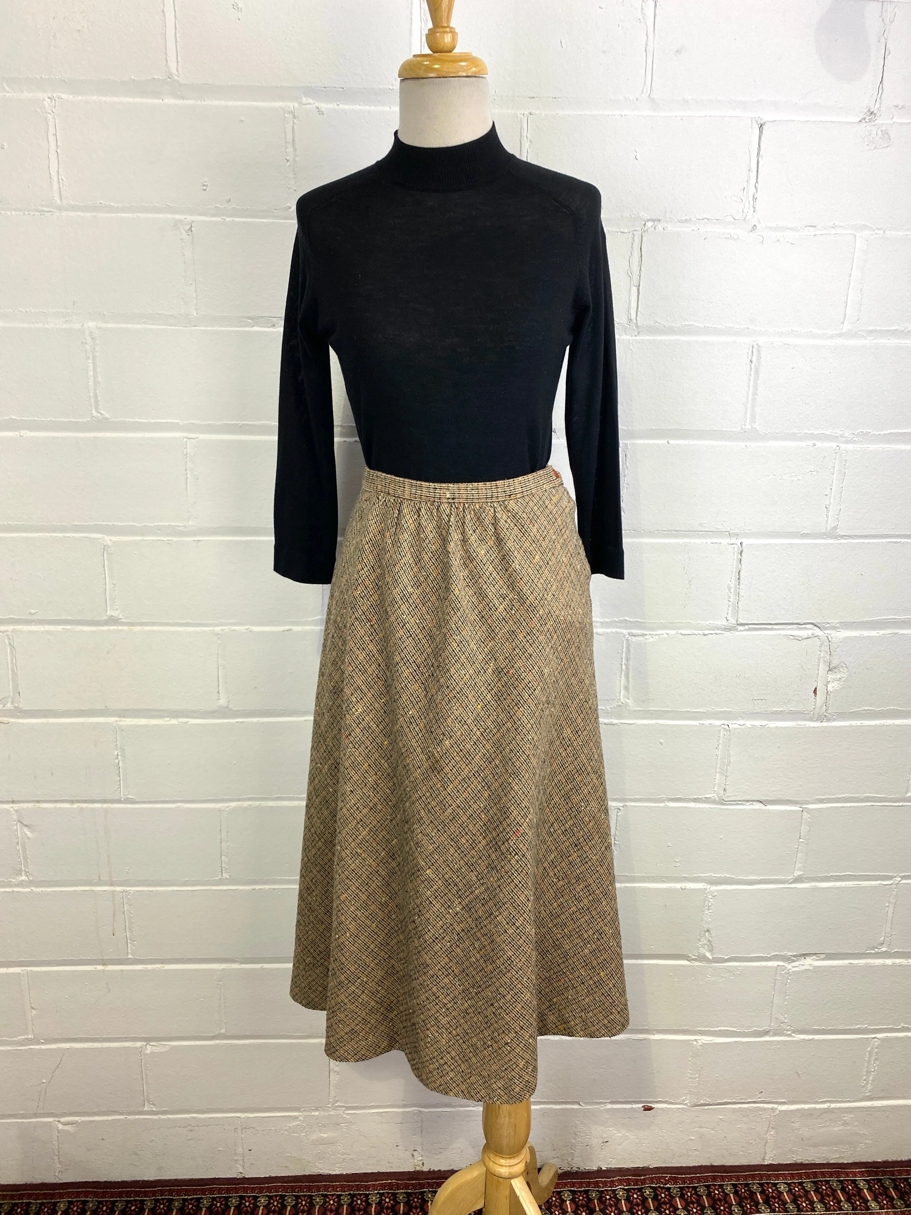 Vintage 1970s Brown/ Orange Blended Wool Midi Skirt, Large